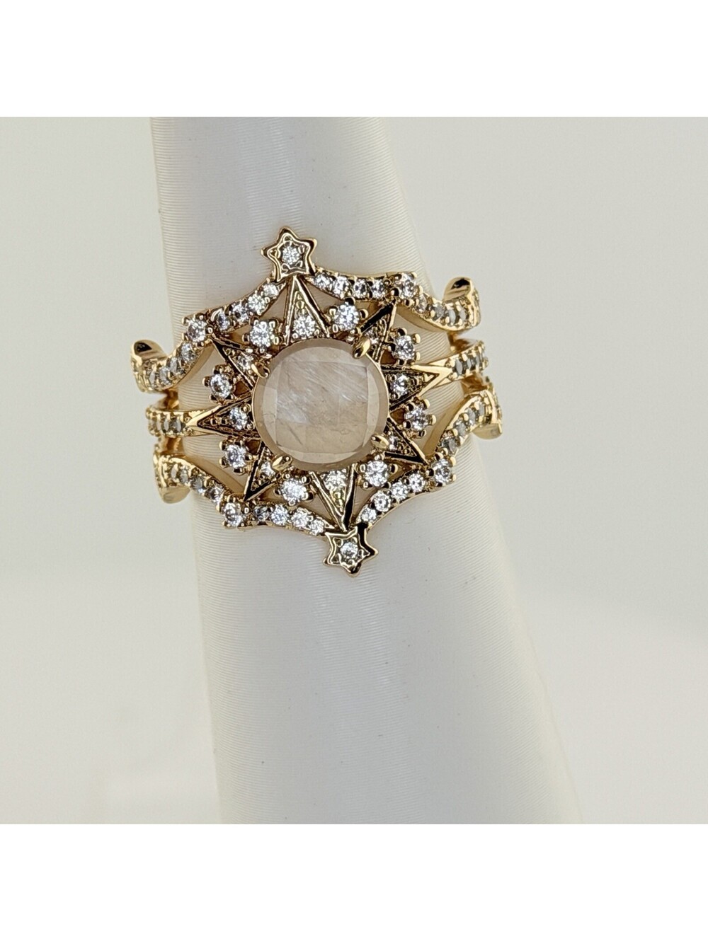 Bomb Party Halo Sz 8 "Heaven Holds You" Genuine Moonstone on Yellow Gold